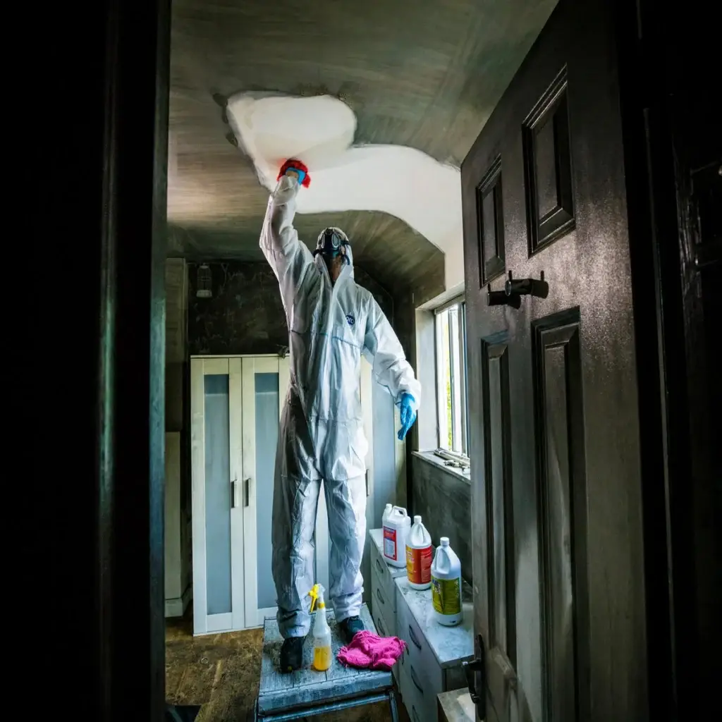 Cleaning soot froma the ceiling of a fire damaged room.