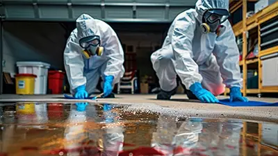 Two technicians performing chemical spill cleanup, in full personal protective equipment.