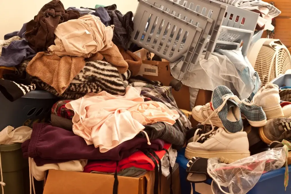Piles of clutter inside of a hoarder home.