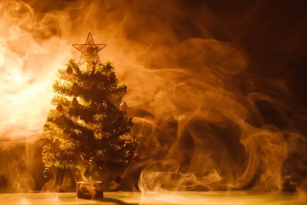 Christmas tree in smoke.