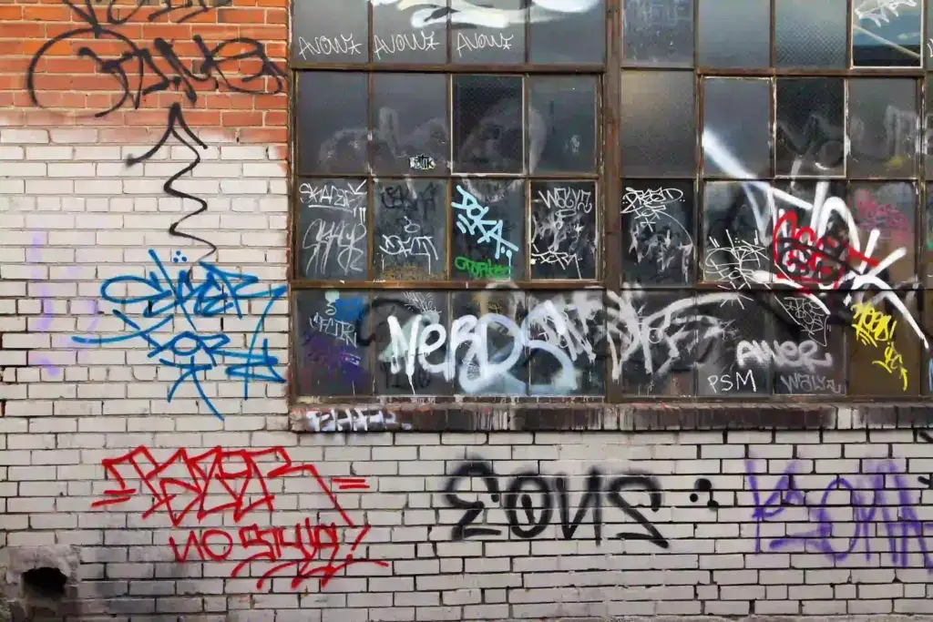 Graffiti vandalism on brickwork.