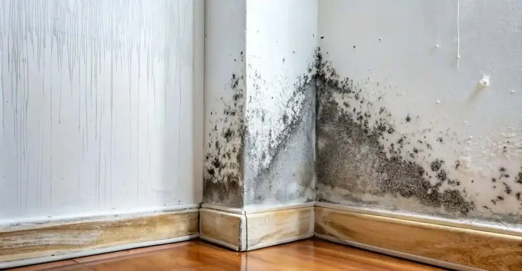 Mould around the skirting board of a domestic property.