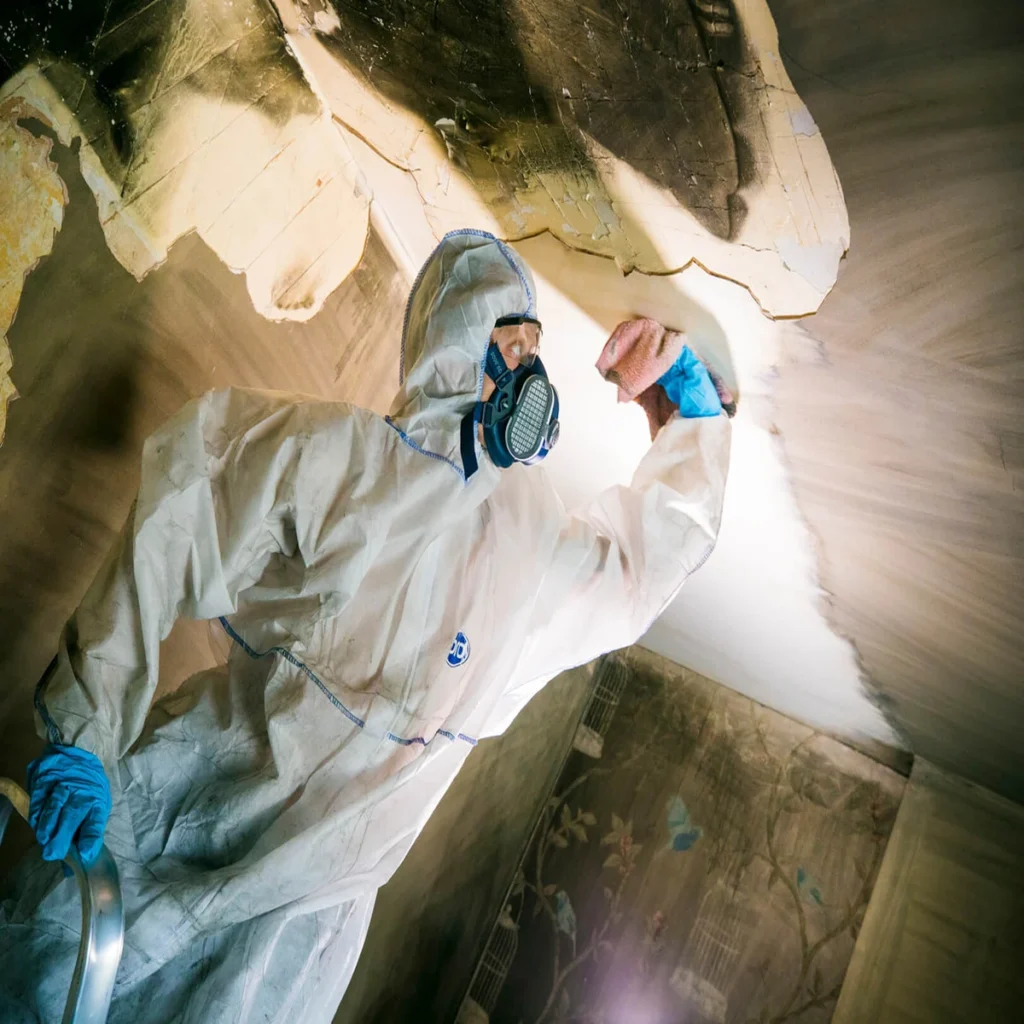 Fire damage cleaning technician removing soot and ash from the a white ceiling.