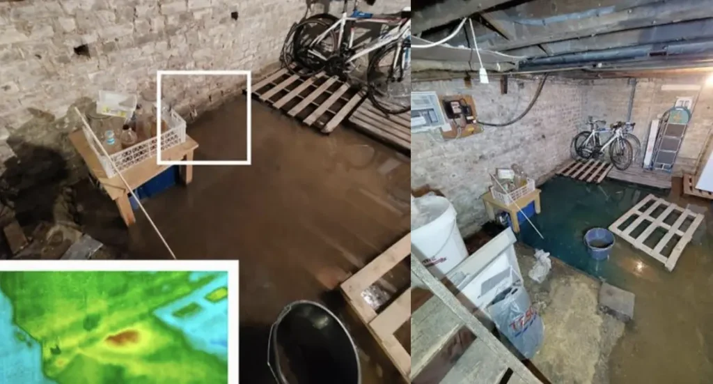 A domestic properties basement with standing water and a infrared image showing the location of a warm water leak and source of the flooding.