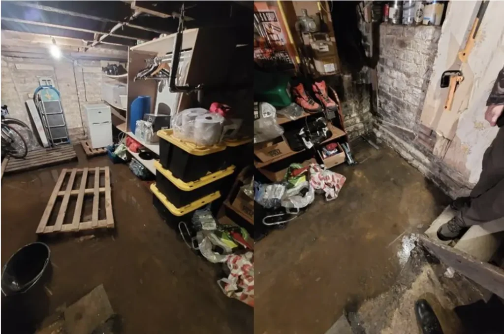 Standing water in the basement of a domestic property.