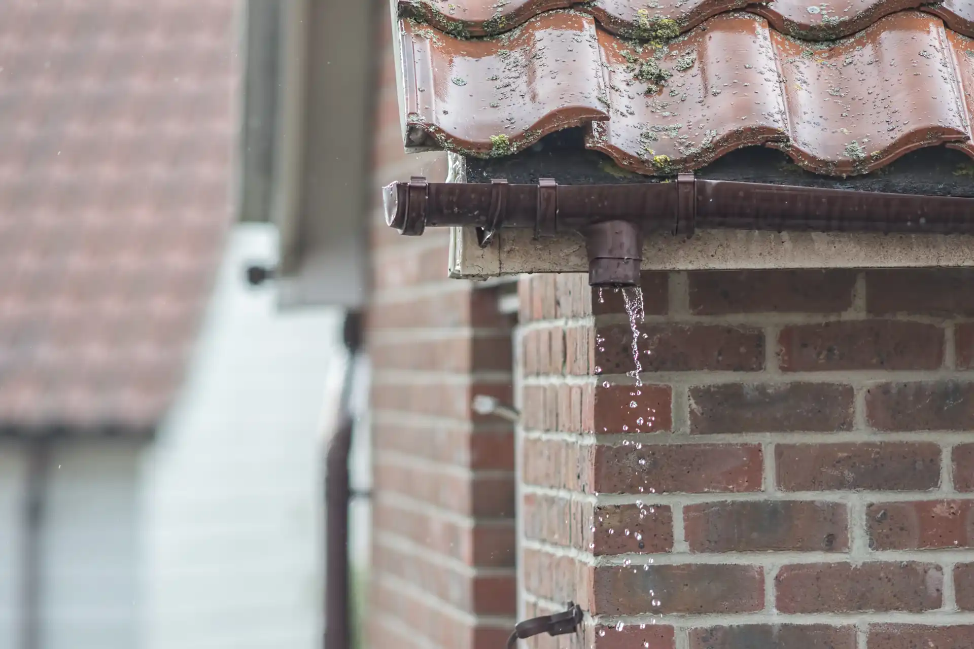 Leaking gutter and down pipe on a house