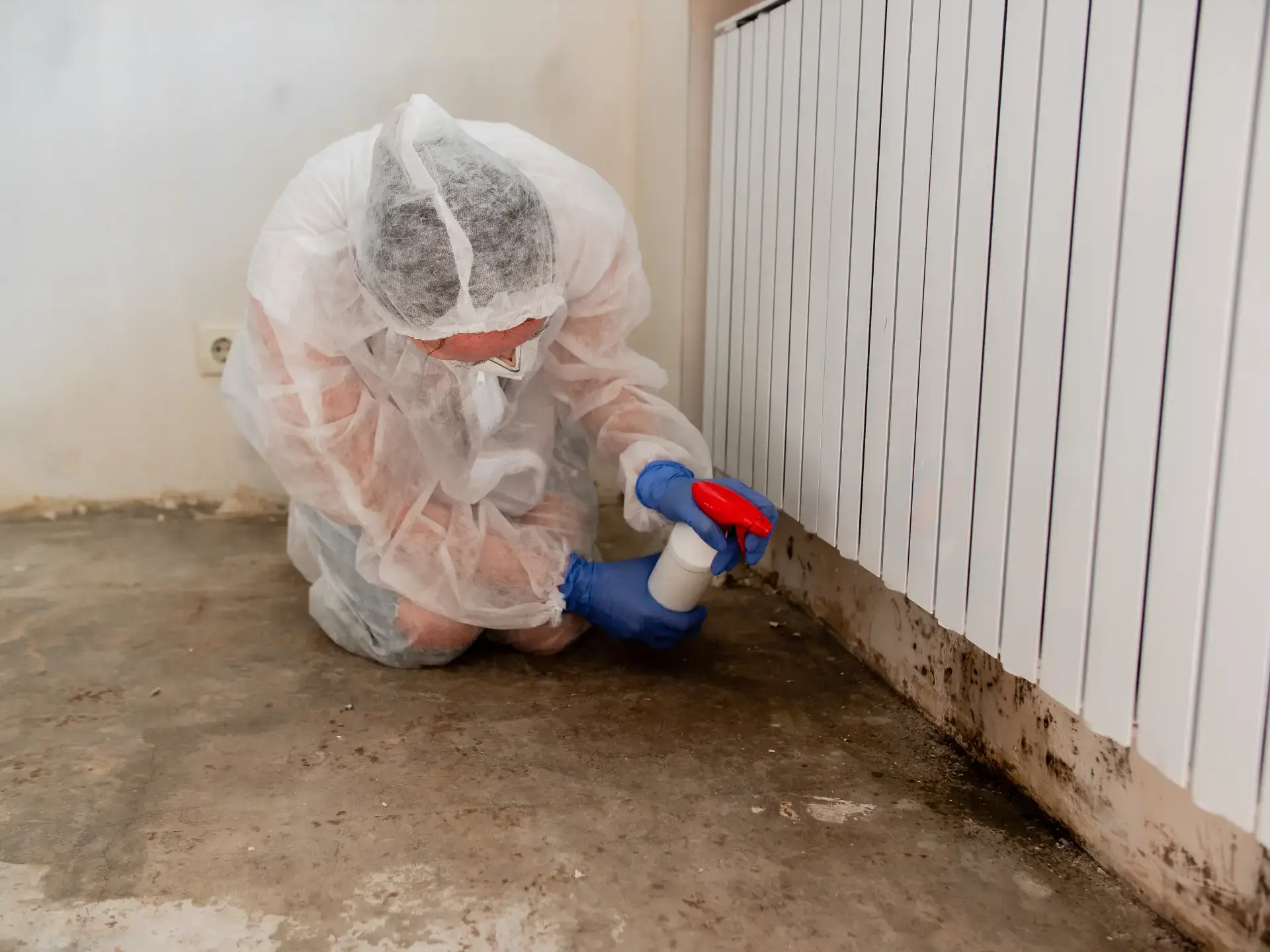 Technician using spray to treat black mould