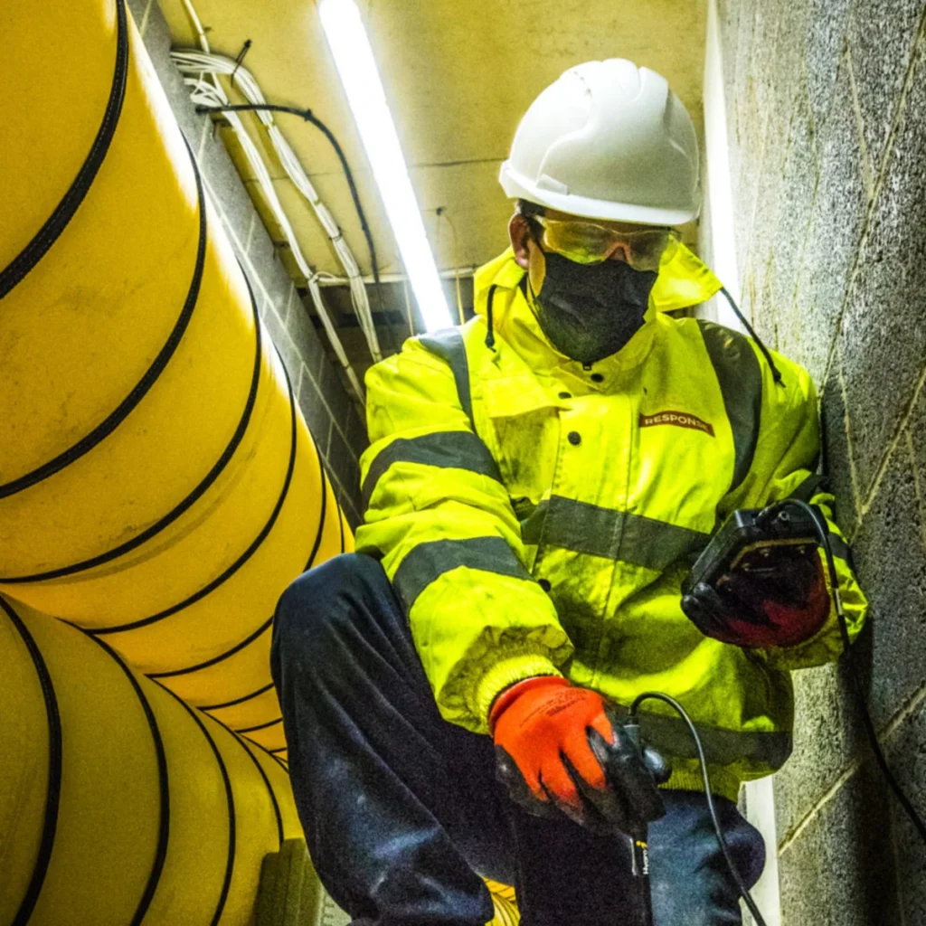 Technician measuring the moisture content next to a drying tunnel in a building development.