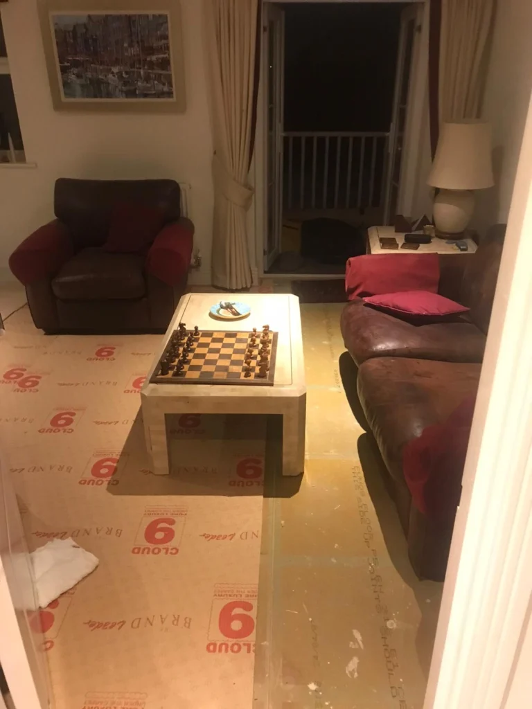 The inside of a London flat post trauma clean, the carpet has been removed and all surfaces are cleaned and sanitised with no traces of bodily fluids.