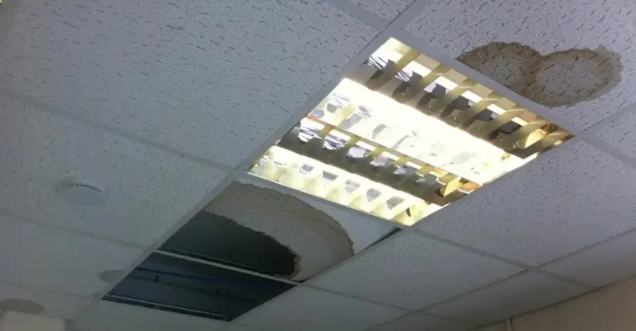 Commercial office lighting surrounded by clear signs of water damage.