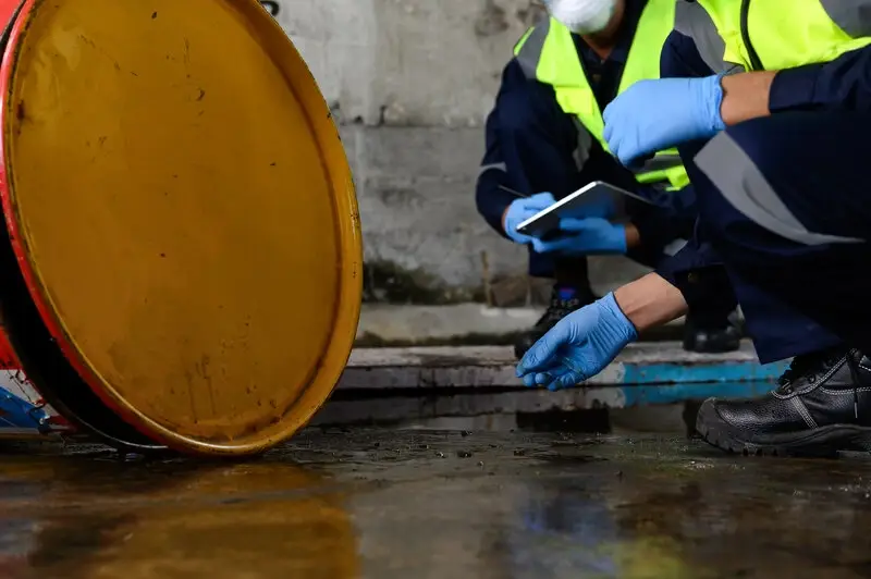 A barrel of chemicals laying on the ground in a chemical spill.