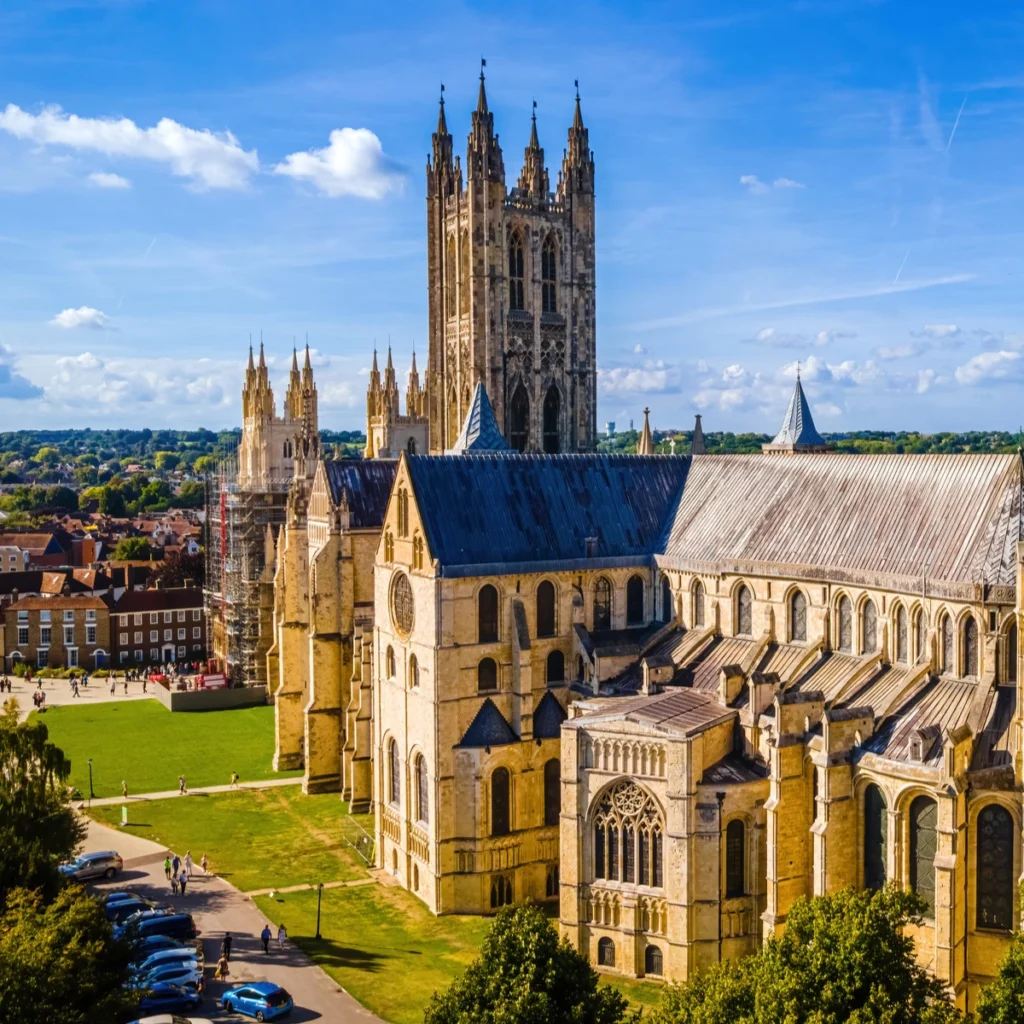 Canterbury Cathedral English heritage building with blue skies in the background.