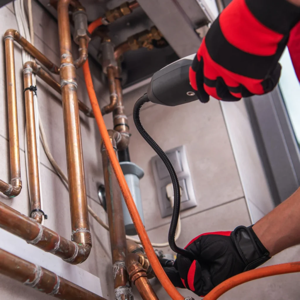 Leak detection specialist using gas detection on a plumbing system.
