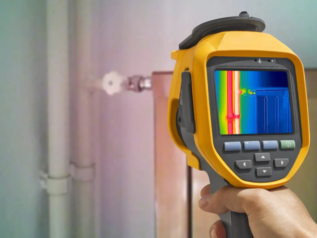 Thermal imaging camera being used during a leak detection service to located a leak on a hot water pipe.