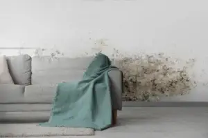 Sofa with team blanket draped across it, sitting in front of a wall covered in mould.