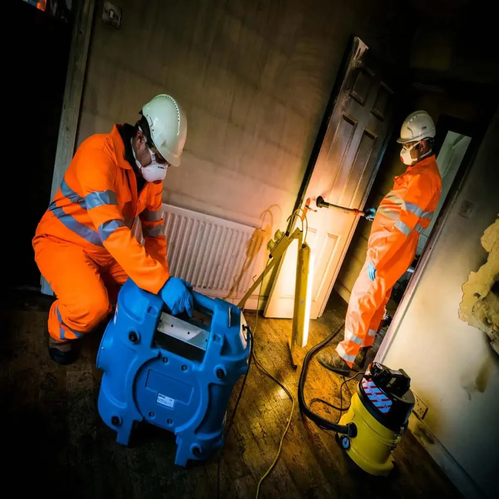 Two technicians using a HEPA vacuum to remove soot and ash from the surface of a door in a fire damaged home.