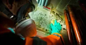 Person in PPE wiping and removing mould