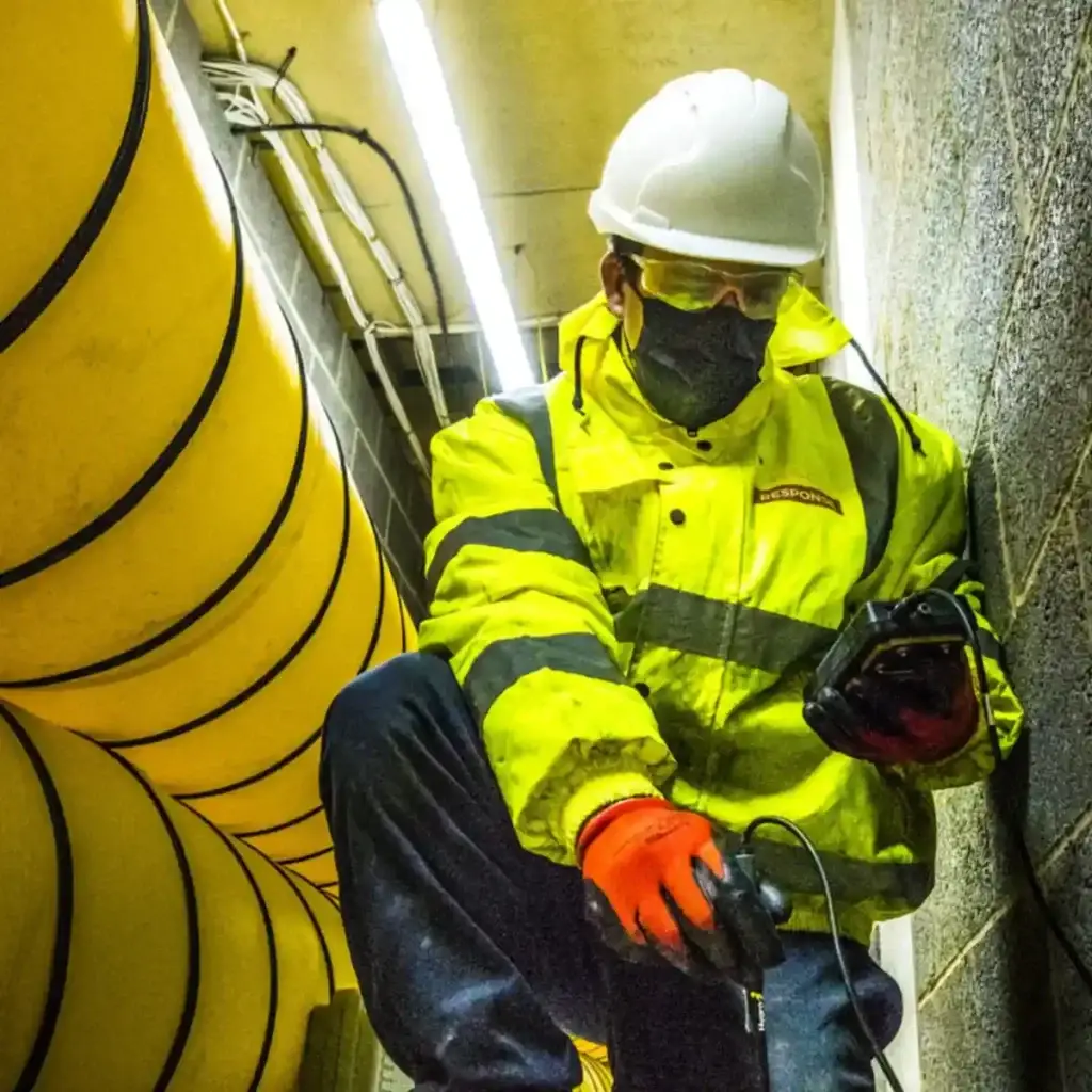 Technician measuring the moisture content next to a drying tunnel in a building development.