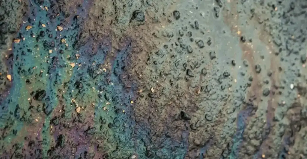 Close up of a hard surface oil spill on concrete.