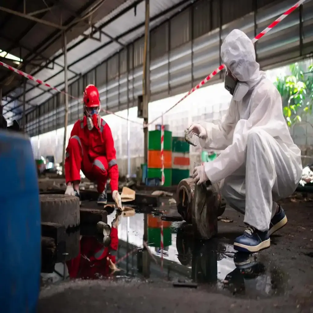 Two technicians inside of a factory performing oil spill removal.