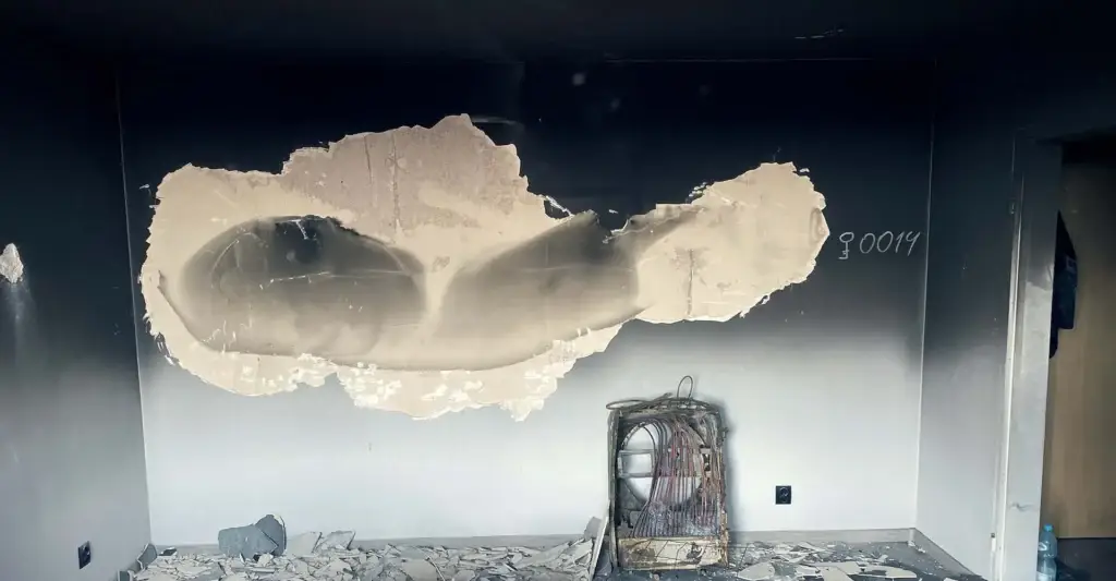 Blackened walls caused by fire and smoke damage inside of an office building.