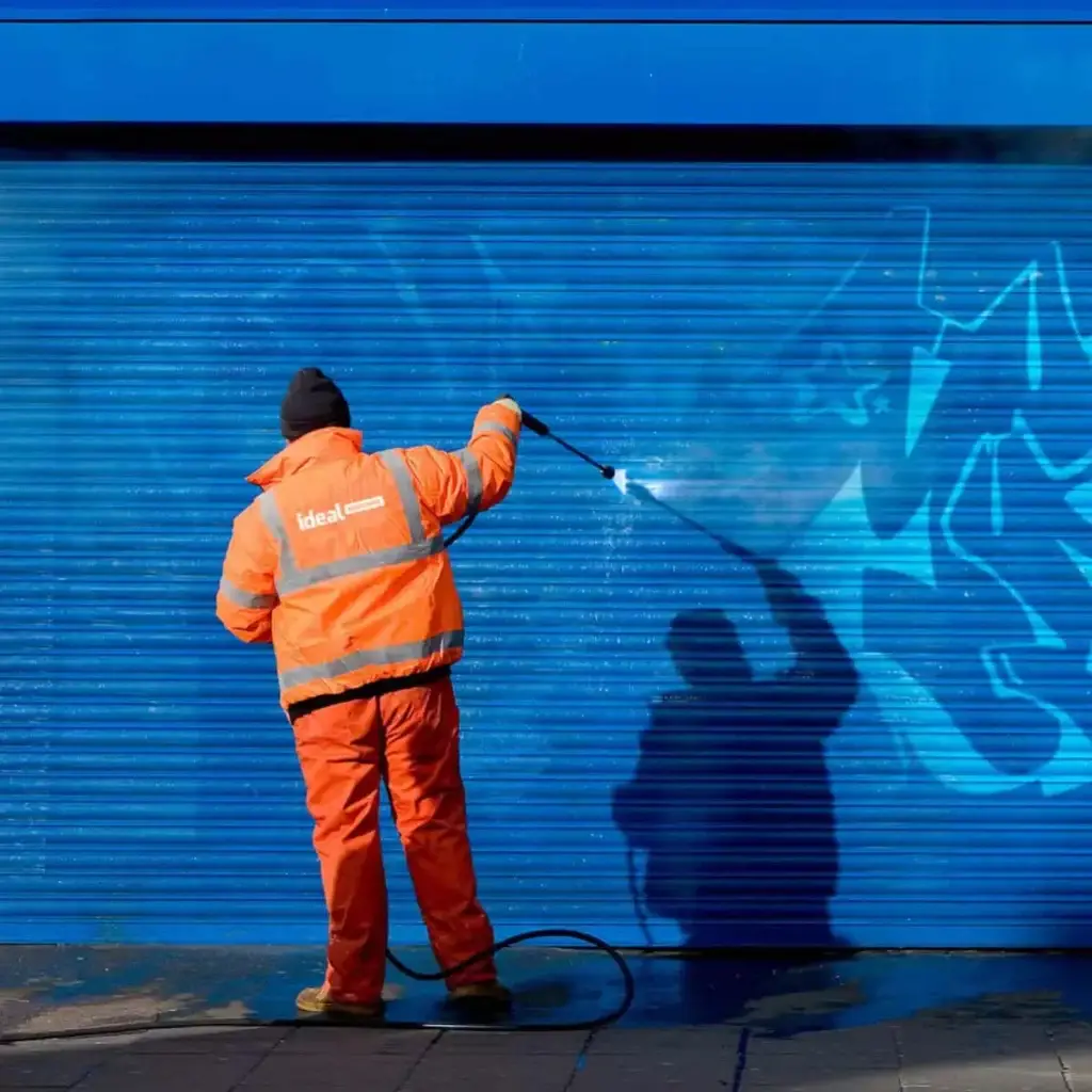 Exterior building cleaning of a shop shutter.
