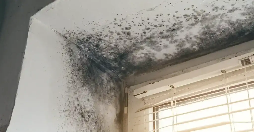Black mould around the windowsill of a domestic property.