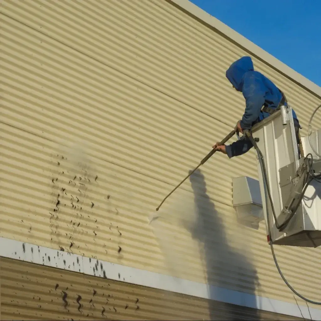 Cleaning bird droppings from the exterior of a commercial building.