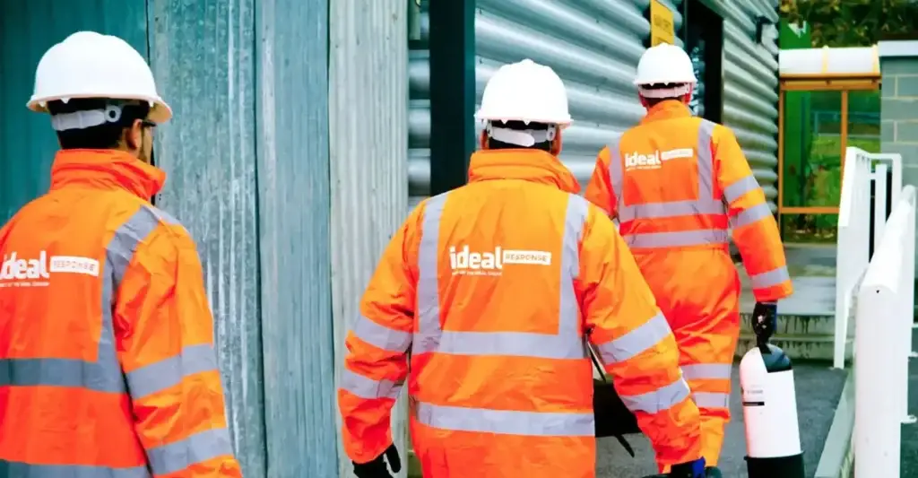 Three technicians in high visibility Ideal Response branded uniforms and PPE.