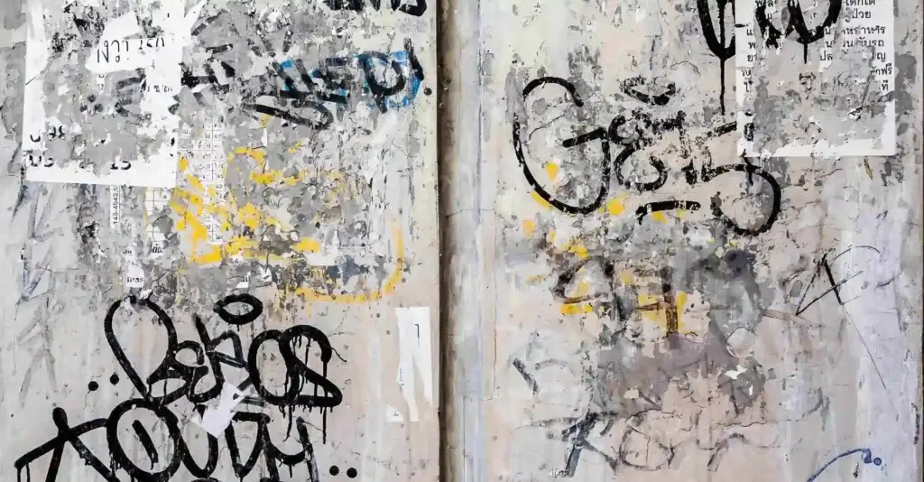 Close up image of graffiti vandalism on the side of a building.