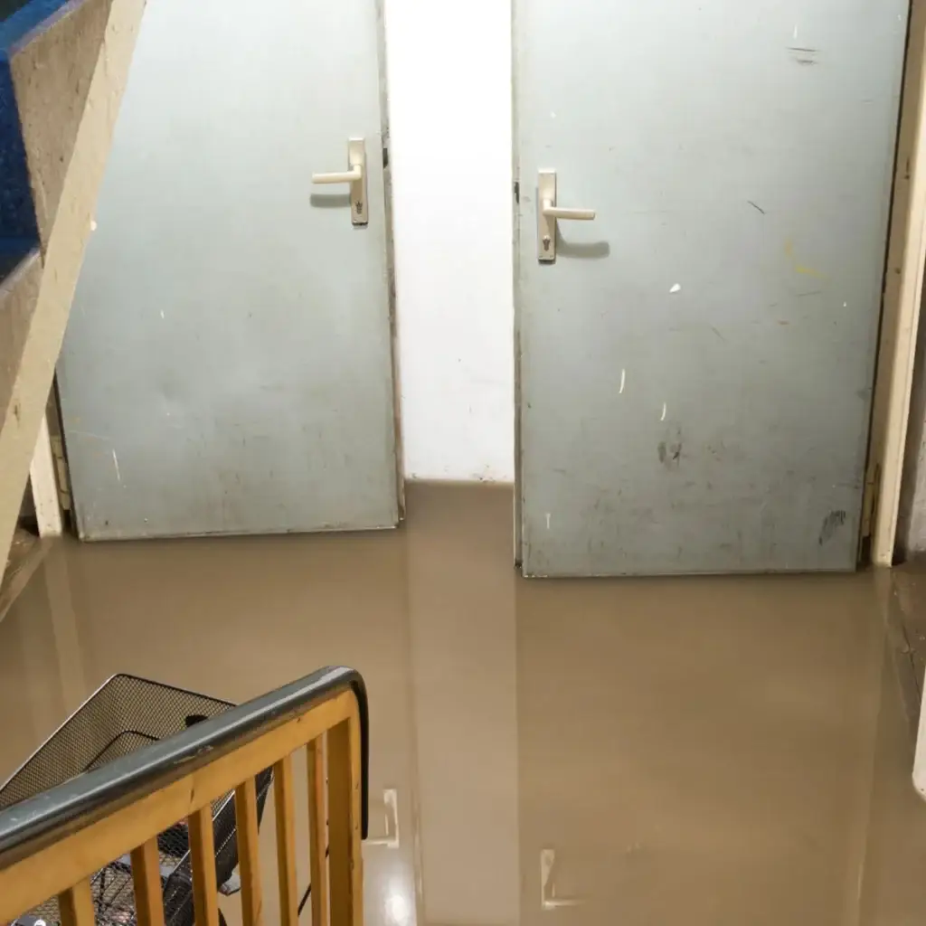 The stairwell of a flooded basement.