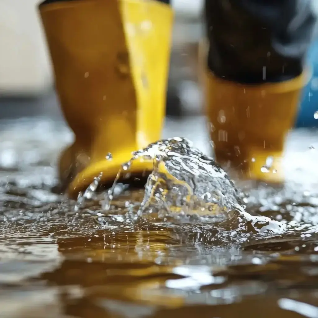 Someone wading through a flooded house in wellies.