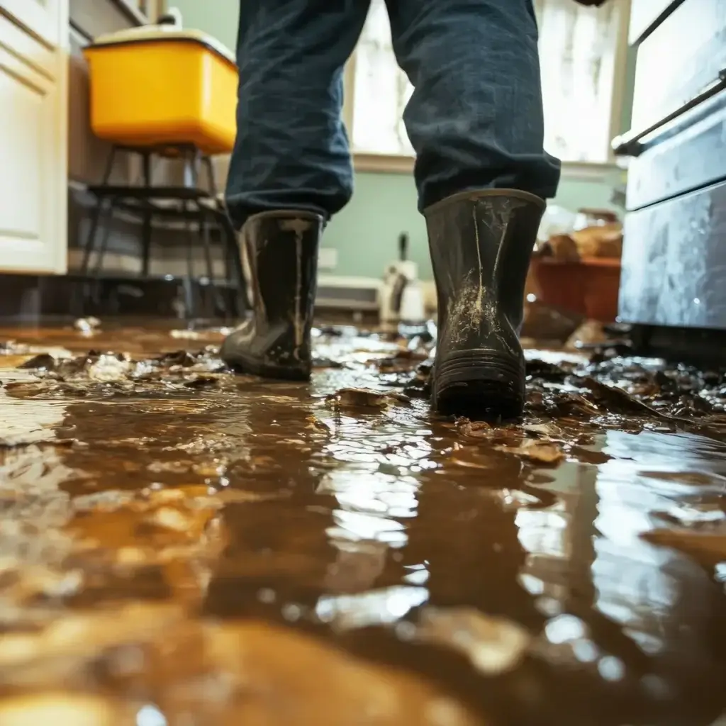 Someone walking through a kitchen flooded with sewage water in wellies.