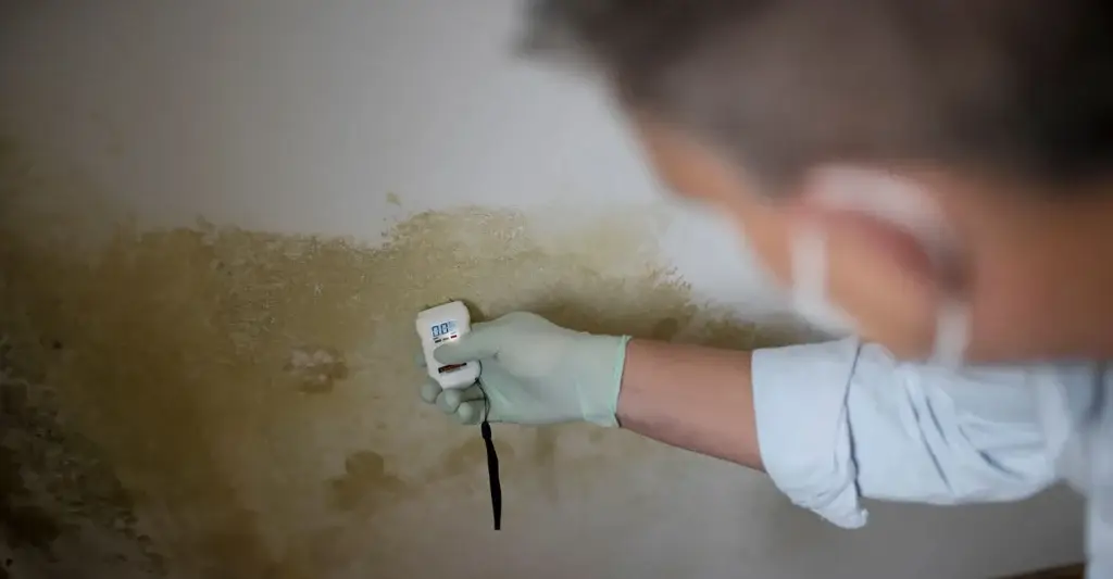 A professional dampness surveyor carrying out a moisture readings on a mould covered wall.