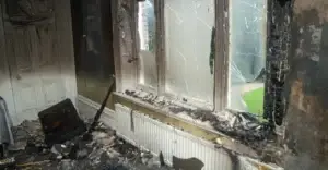 A room badly damaged by fire