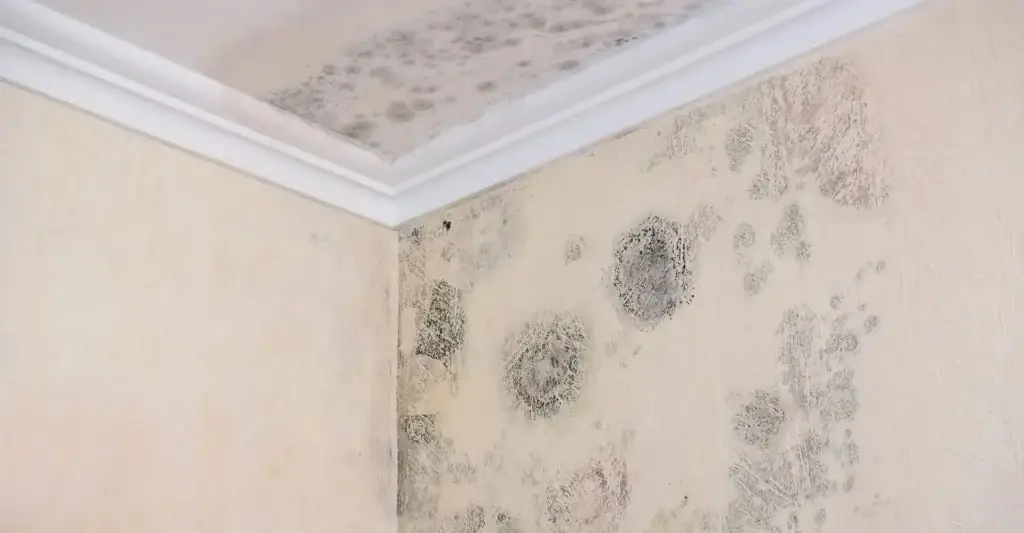 Mould growing on the ceiling of a home, caused by an escape of water next door.