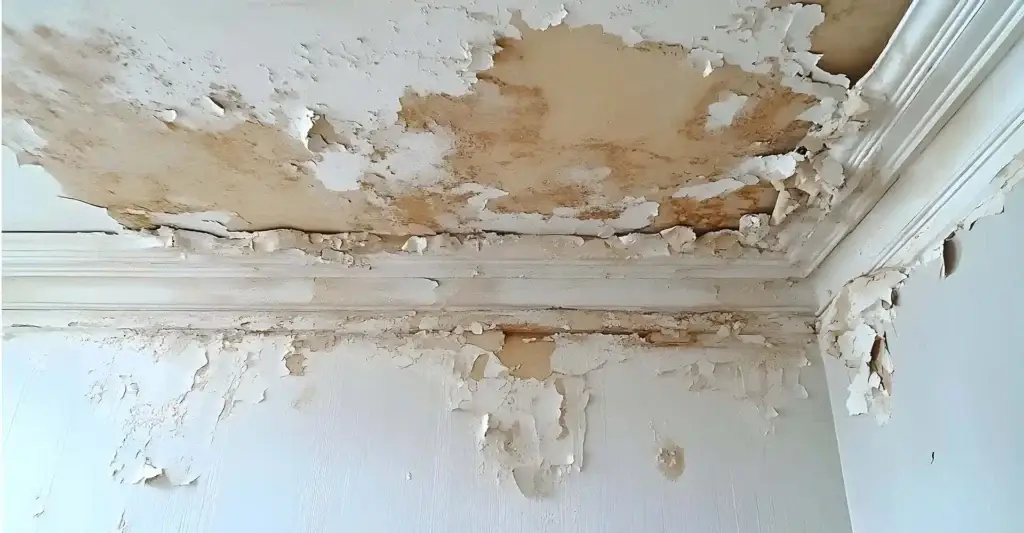 Peeling wallpaper in a damp UK property, the ceiling and walls are visibly damp with large patches of exposed plaster.