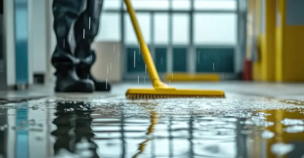 Standing water inside of a UK school after extensive water damage occurred, a technician is using a wet vac to remove the water.
