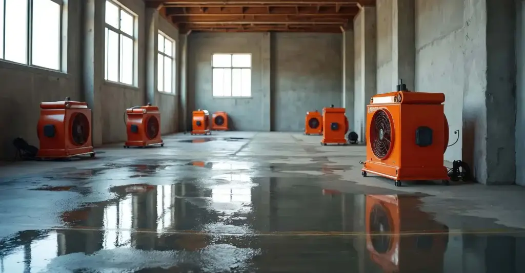 Drying units set up to carry out water damage restoration in a UK property.