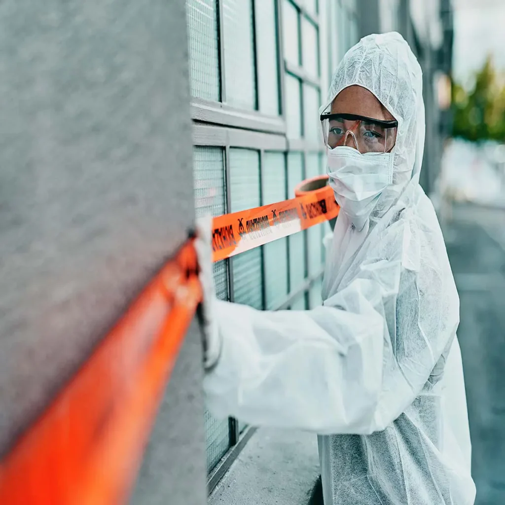Trauma cleaning technician preparing a property for cleaning by applying biohazard caution tape around the exterior.