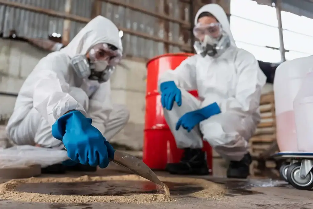 Two chemical spill cleaning technicians containing a chemical spill using sand and absorbents.
