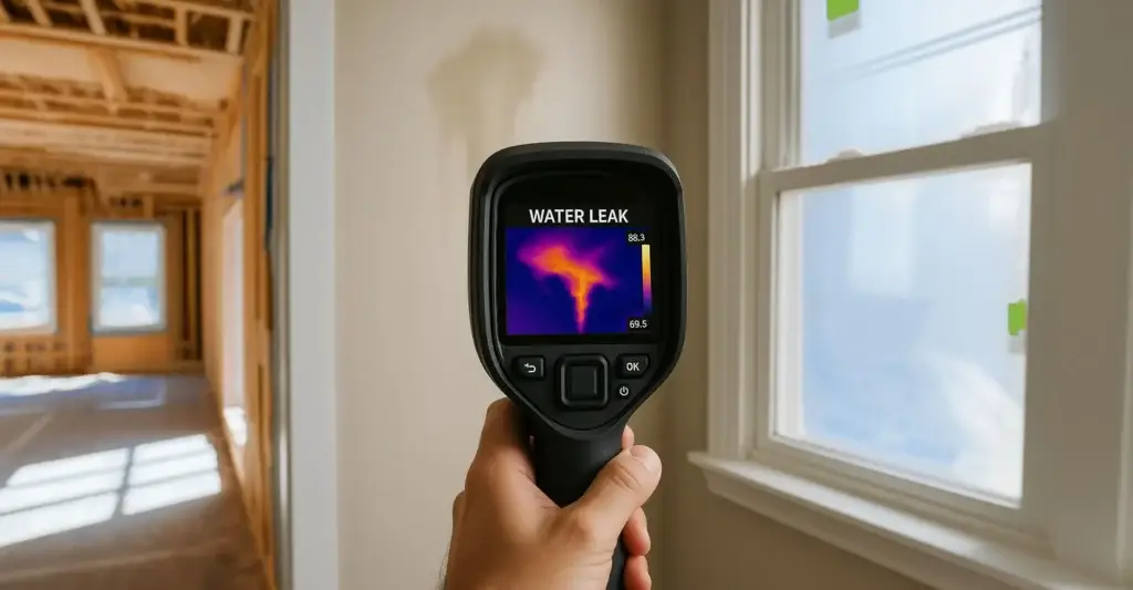 Thermal imaging camera being used by a damp specialist in a domestic property.