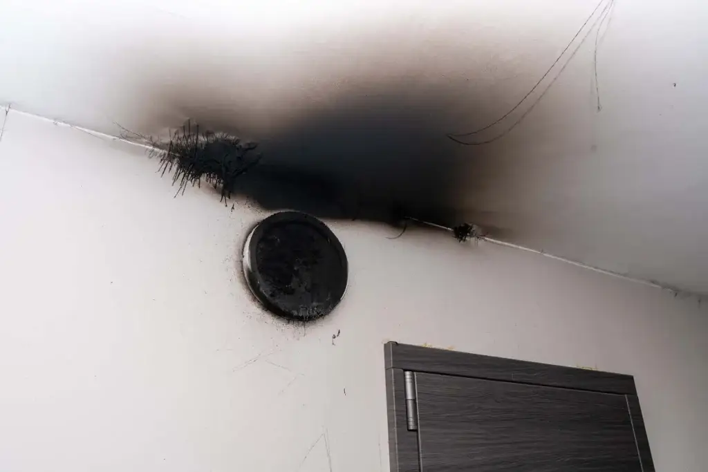 Smoke damage on a wall and ceiling after an electrical fire.