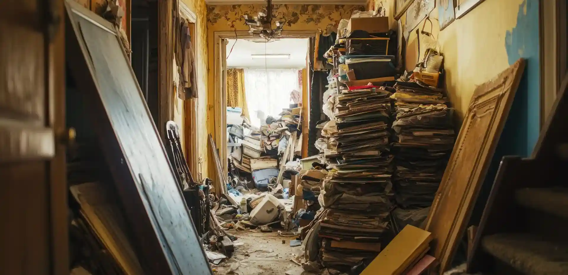 Inside of a hoarded house showing a cluttered corridor.