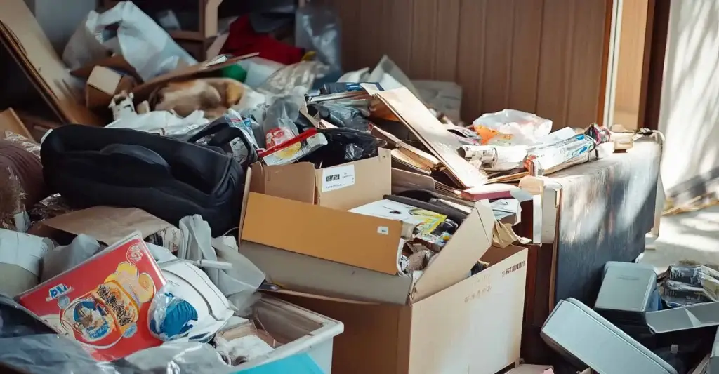 Piles of hoard inside of a UK property withy boxes piled high.