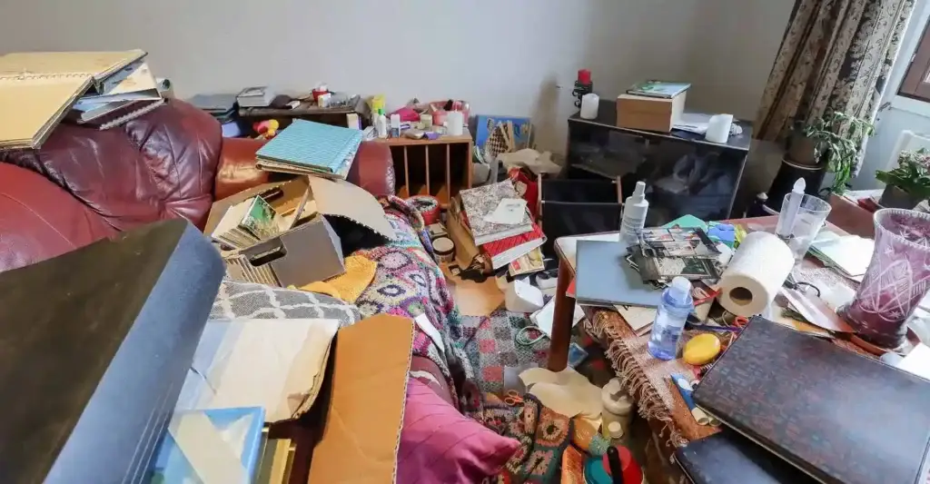 The inside of a hoarders property in the UK with piles of boxes and folders on every surface.