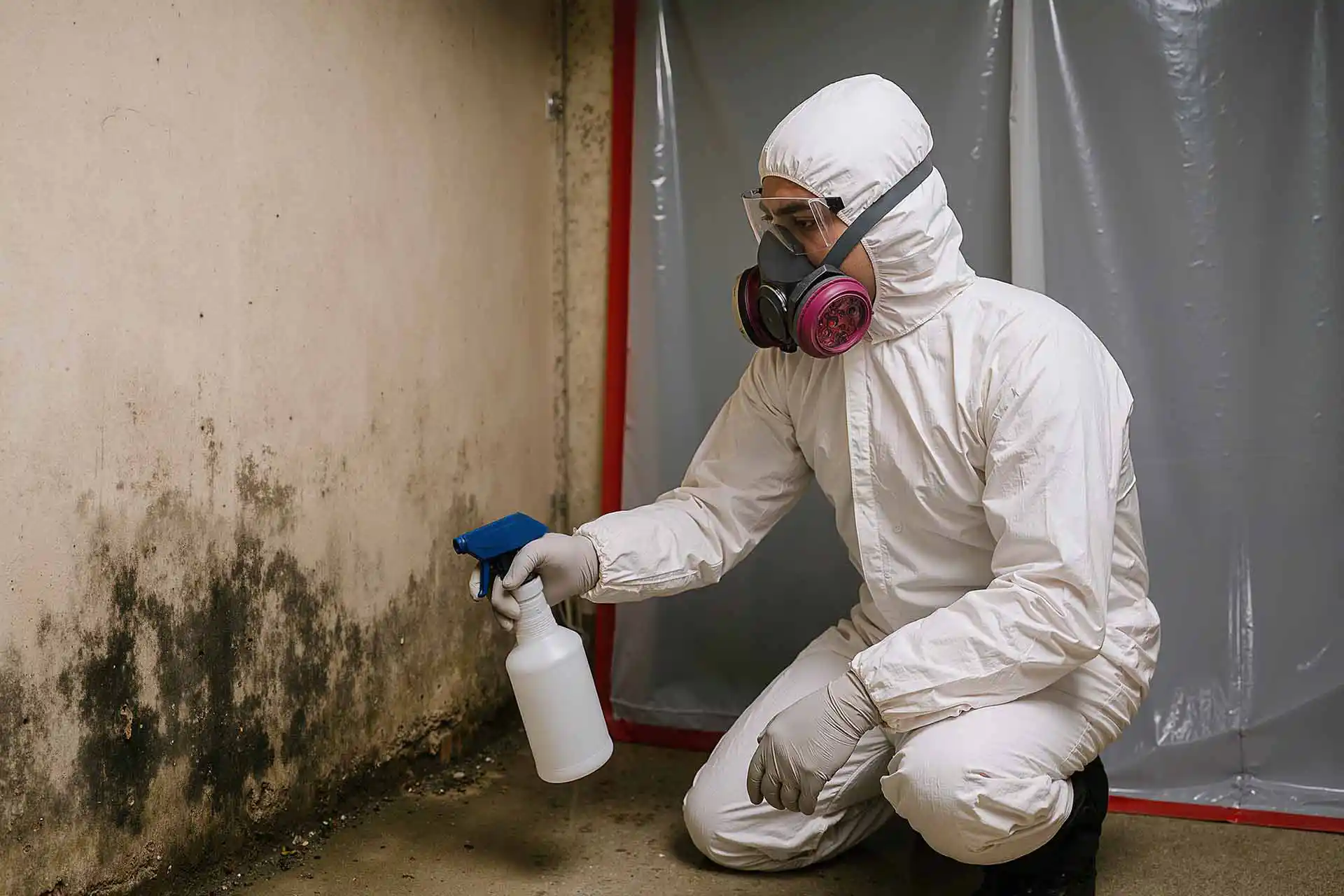 Specialist wearing PPE spraying mould