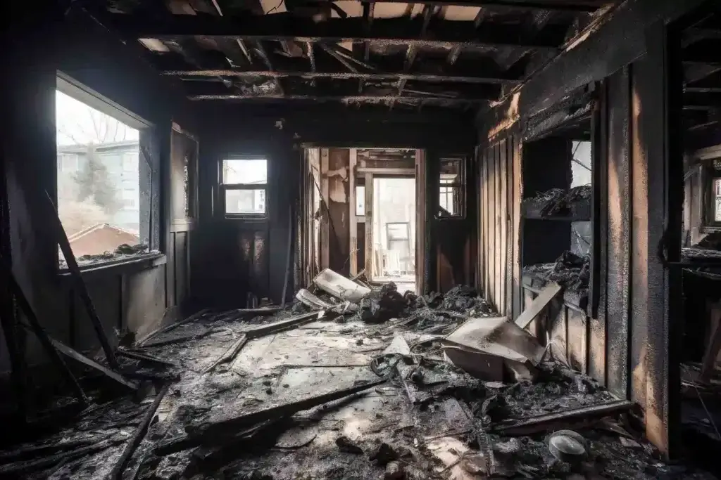 Severely fire damaged property in need of restoration and cleaning.