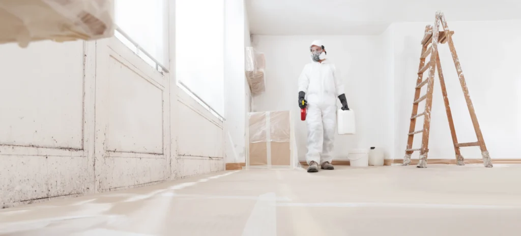 Technician in PPE delivering mould remediation service
