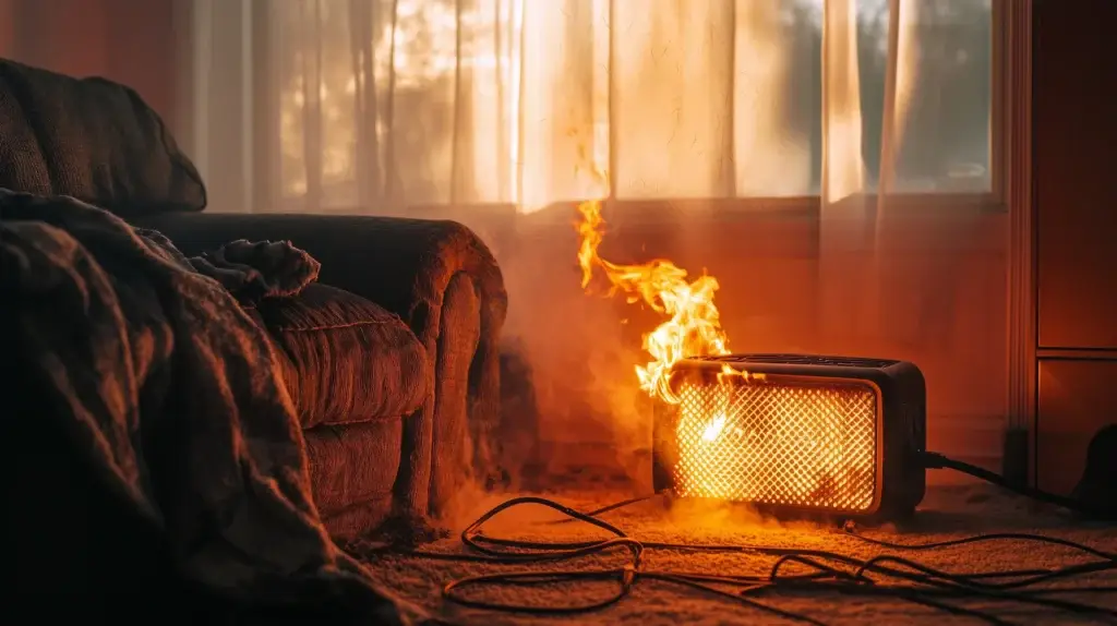 Heater on fire near chair